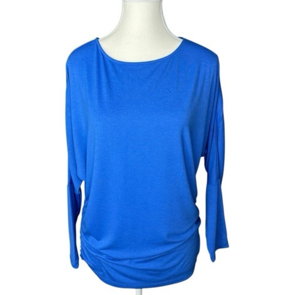 Betabrand Women's Kylie Dolman Top Blue XS Ruched Side 3/4 Sleeve Boat Neck NWT